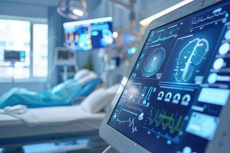 A healthcare setting with IoT-enabled medical devices collecting patient data for remote monitoring and diagnosis